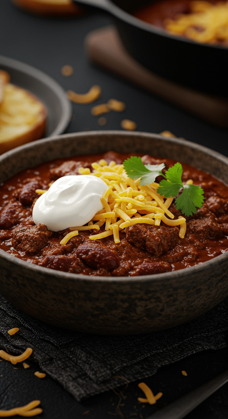 A beautiful, rustic bowl of hearty, homemade, authentic Texas Chili, with large chunks of beef and topped with sour cream and cheese