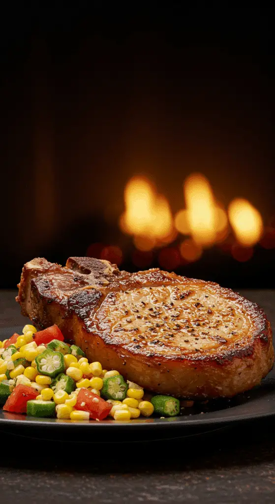 A beautiful, golden-brown, seared Smoked Pork Chop on a plate, served with a generous portion of a fresh corn and okra succotash.