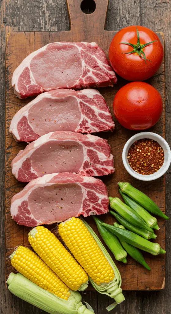 The fresh, from-scratch ingredients for the classic Southern-style Smoked Pork Chops with Corn and Okra recipe.