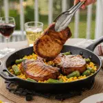 The finished skillet of homemade Smoked Pork Chops with Corn and Okra being served at a cozy family dinner.
