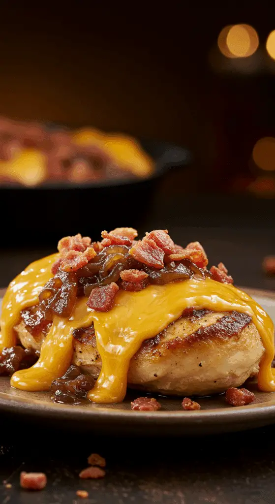 A beautiful, golden-brown, homemade Smothered Chicken breast, covered in caramelized onions, bacon, and a thick, bubbly blanket of melted cheese.