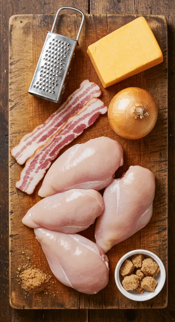 The classic, from-scratch ingredients for the homemade, cheesy Smothered Chicken recipe with bacon and onions.