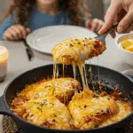 The finished skillet of homemade, cheesy Smothered Chicken being served at a cozy family dinner.