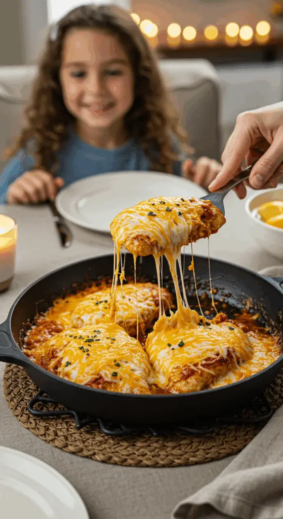 The finished skillet of homemade, cheesy Smothered Chicken being served at a cozy family dinner.