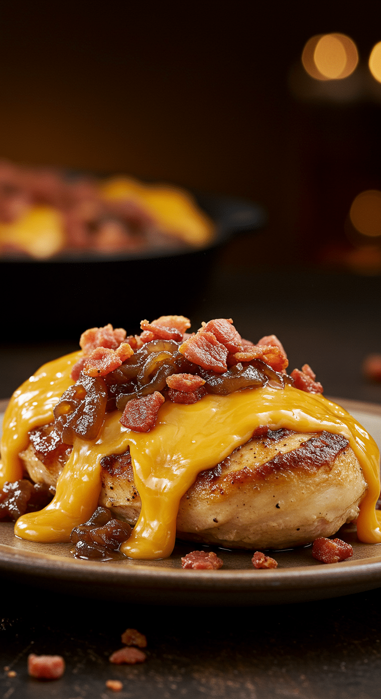 A beautiful, golden-brown, homemade Smothered Chicken breast, covered in caramelized onions, bacon, and a thick, bubbly blanket of melted cheese.