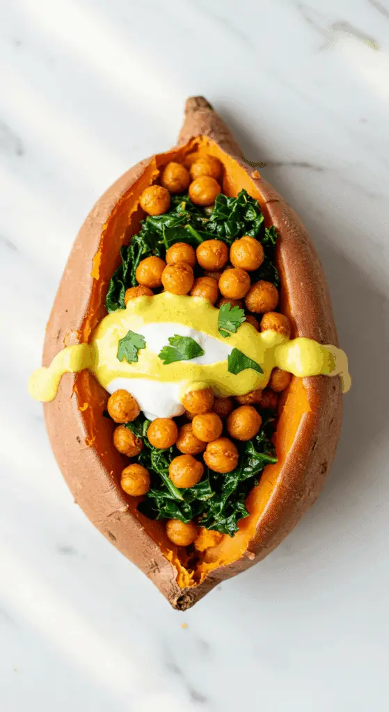 A beautiful, overhead shot of a homemade, healthy, Curry-Spiced Stuffed Sweet Potato, loaded with crispy chickpeas and a creamy yogurt sauce.