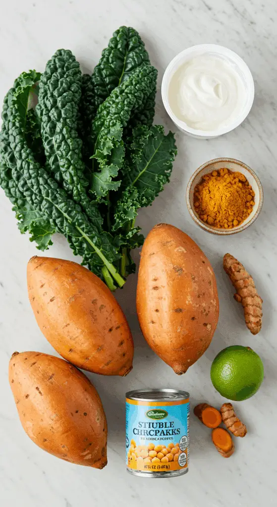 The simple, fresh ingredients for the healthy, from-scratch Curry-Spiced Stuffed Sweet Potato recipe.