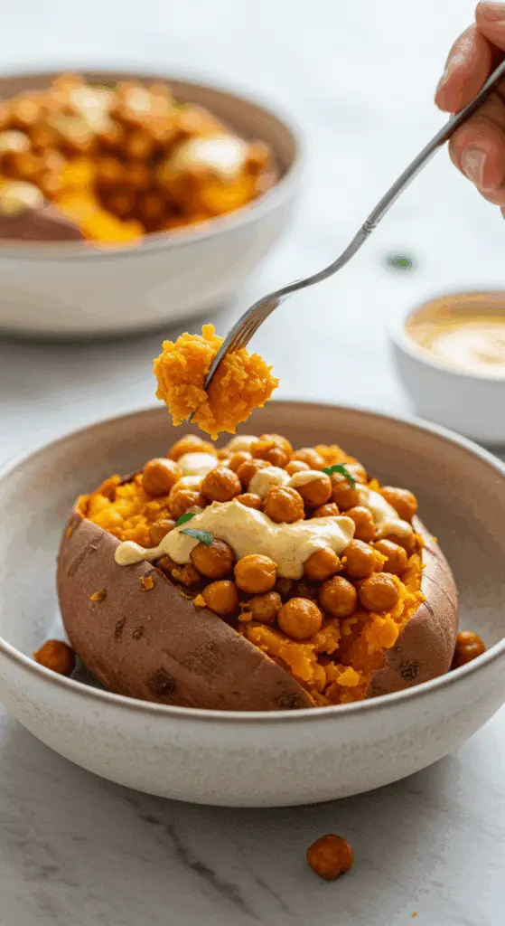 A beautiful bowl of a homemade, healthy Stuffed Sweet Potato being enjoyed for a vibrant and healthy lunch.