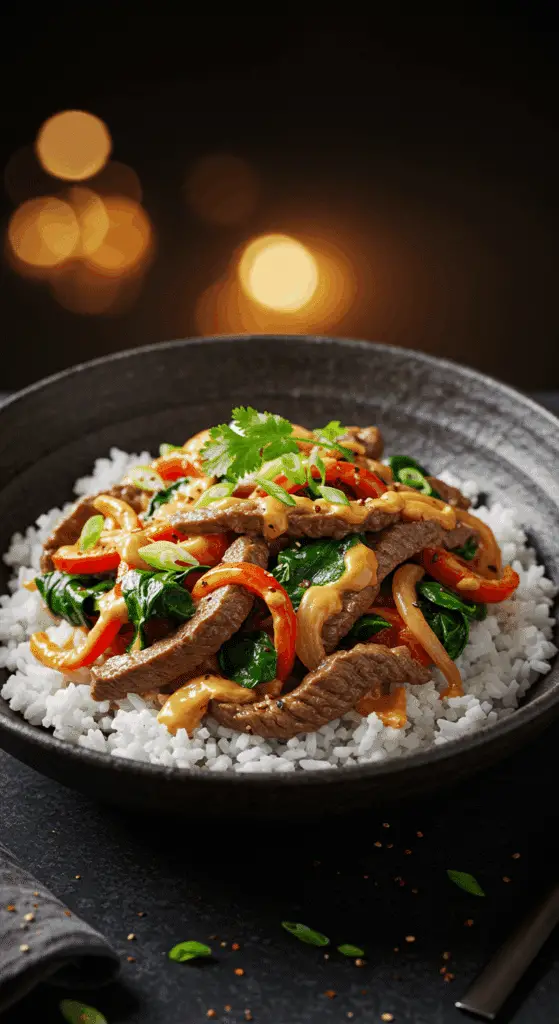 A beautiful, rustic bowl of homemade, creamy, and spicy Beef Stir Fry, served over a bed of jasmine rice.