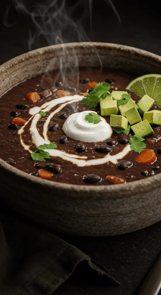 A beautiful, rustic bowl of homemade, creamy, and spicy Black Bean Soup, garnished with a swirl of sour cream, avocado, and cilantro.