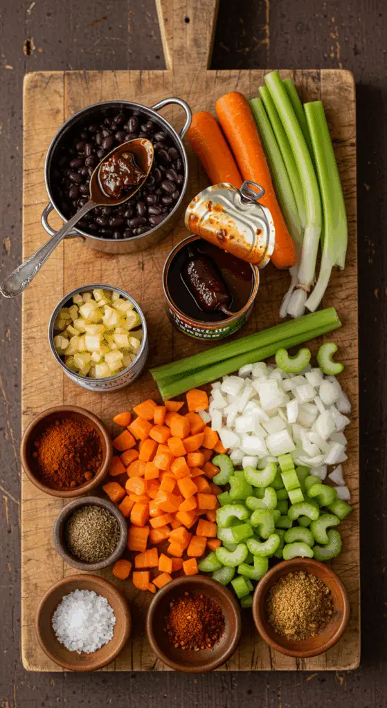 The fresh, from-scratch ingredients for the classic, easy, and spicy Black Bean Soup recipe.