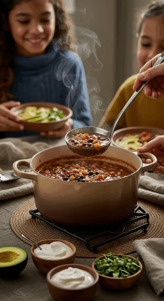 The finished pot of homemade, creamy Black Bean Soup being served at a cozy family dinner with a toppings bar.