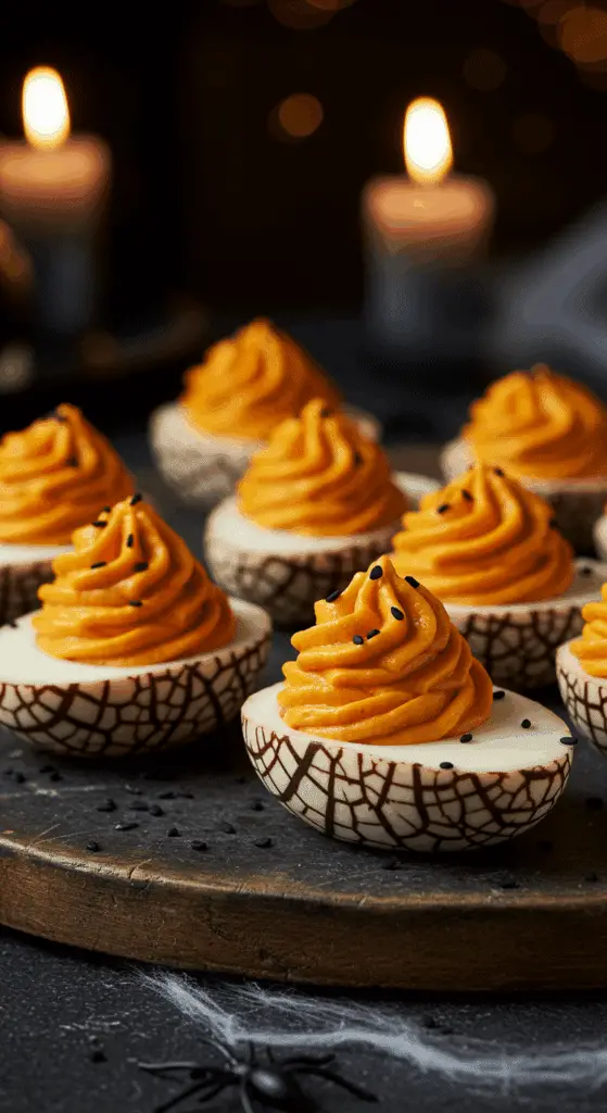 A beautiful, rustic platter of homemade, spooky Spiderweb Deviled Eggs, with a dark, cracked pattern on the whites and a vibrant orange filling.