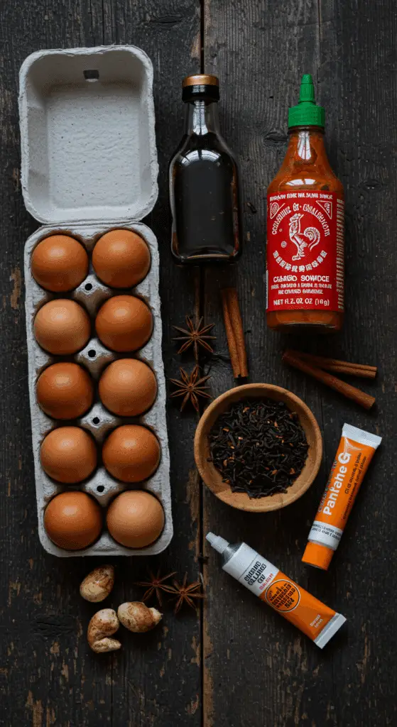 The simple, from-scratch ingredients for the easy and spooky Spiderweb Deviled Tea Eggs.