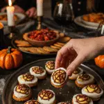A large platter of homemade, spooky Spiderweb Deviled Eggs being served at a fun and sophisticated Halloween party.