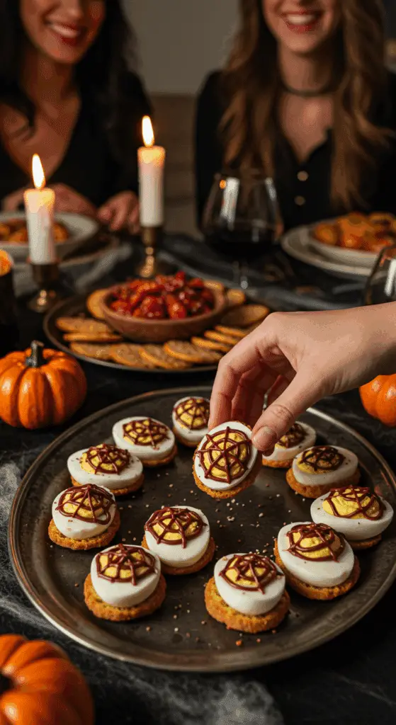 A large platter of homemade, spooky Spiderweb Deviled Eggs being served at a fun and sophisticated Halloween party.