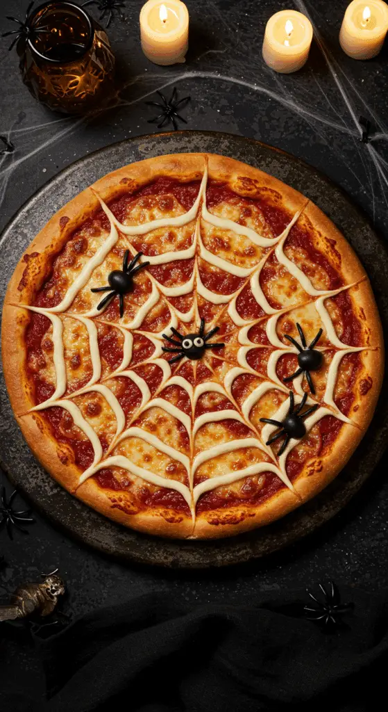 A beautiful, overhead shot of a homemade, spooky Spiderweb Halloween Pizza with a white spiderweb design and creepy black olive spiders.