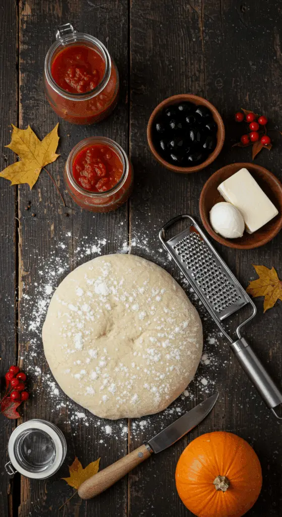 The simple, from-scratch ingredients for the easy and fun Spiderweb Halloween Pizza recipe.