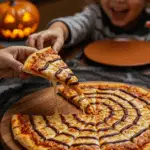 A child's hand excitedly reaching to take a slice of a homemade, spooky Spiderweb Pizza at a fun family Halloween dinner.