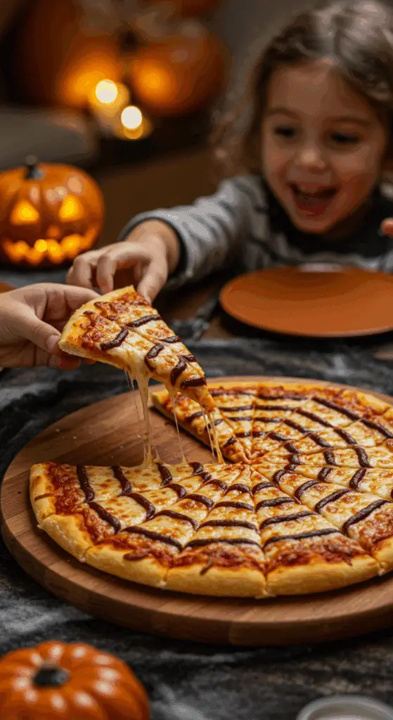 A child's hand excitedly reaching to take a slice of a homemade, spooky Spiderweb Pizza at a fun family Halloween dinner.