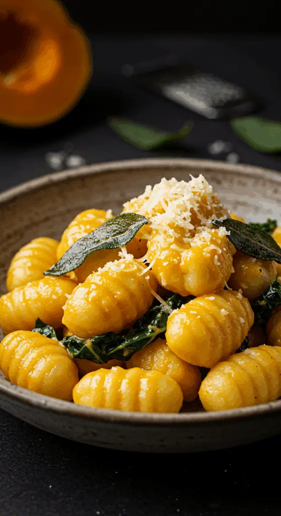 A beautiful, rustic bowl of homemade, creamy Roasted Butternut Squash Gnocchi, with a luscious, vibrant orange sauce and garnished with crispy fried sage.