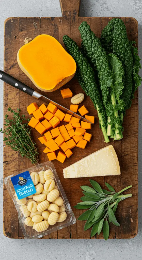 The simple, from-scratch ingredients for the classic and creamy Roasted Butternut Squash Gnocchi with a sage sauce.