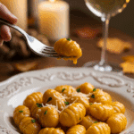 An elegant plate of homemade, creamy Roasted Butternut Squash Gnocchi being enjoyed for a sophisticated and cozy, candlelit fall dinner.