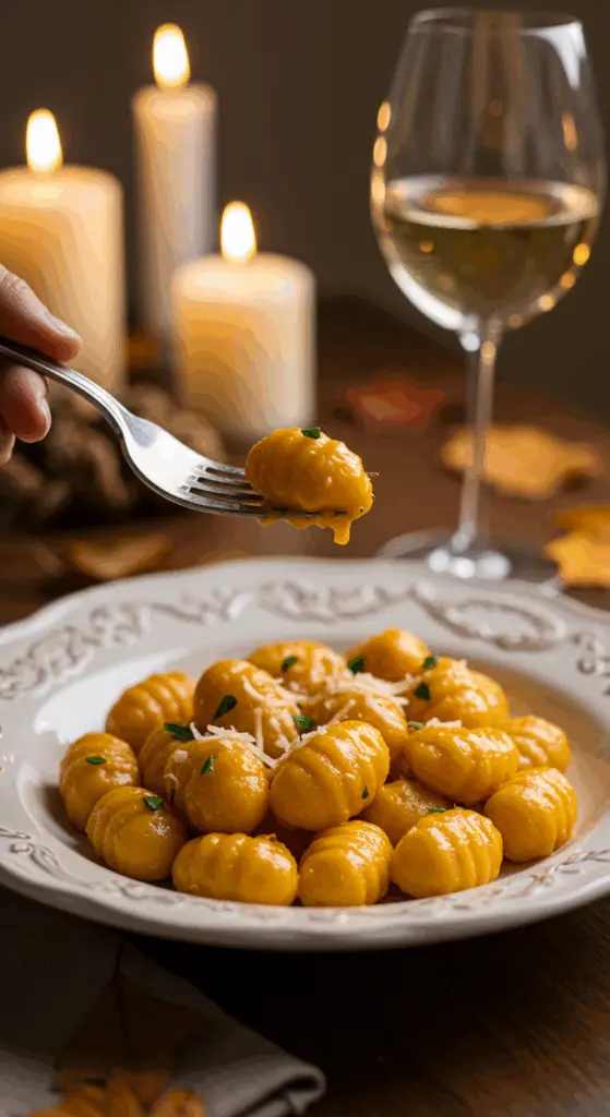 An elegant plate of homemade, creamy Roasted Butternut Squash Gnocchi being enjoyed for a sophisticated and cozy, candlelit fall dinner.