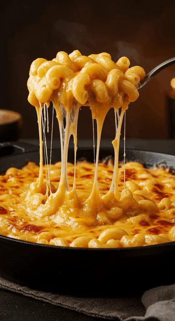 A beautiful, rustic cast-iron skillet of homemade, ultra-creamy Stovetop Mac and Cheese, with a spoon lifting out a scoop showing a long, gooey cheese pull.