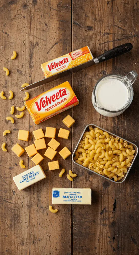 The simple, from-scratch ingredients for the classic and creamy Velveeta Stovetop Mac and Cheese recipe.