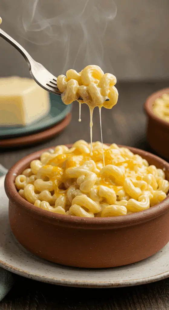 A cozy bowl of homemade, creamy Stovetop Mac and Cheese being served for a family dinner.