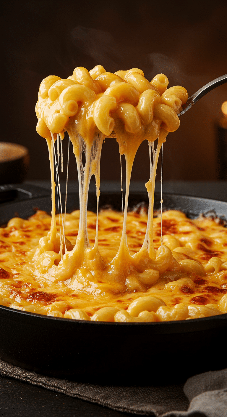 A beautiful, rustic cast-iron skillet of homemade, ultra-creamy Stovetop Mac and Cheese, with a spoon lifting out a scoop showing a long, gooey cheese pull.