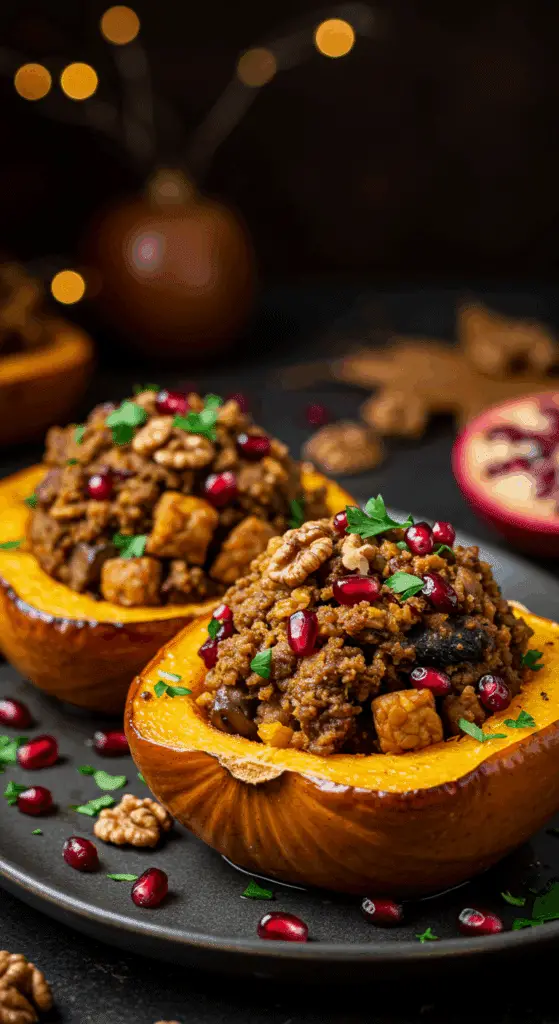 A beautiful, rustic platter of homemade, vegan Stuffed Acorn Squash, with a hearty, savory tempeh and mushroom filling.