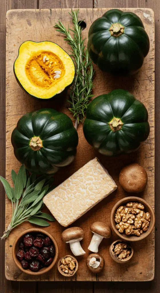 The fresh, from-scratch ingredients for the classic and hearty Vegan Stuffed Acorn Squash with a tempeh and mushroom filling.