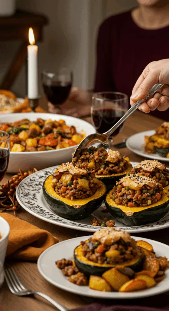 A large platter of homemade, festive Vegan Stuffed Acorn Squash being served as the centerpiece of a Thanksgiving dinner.
