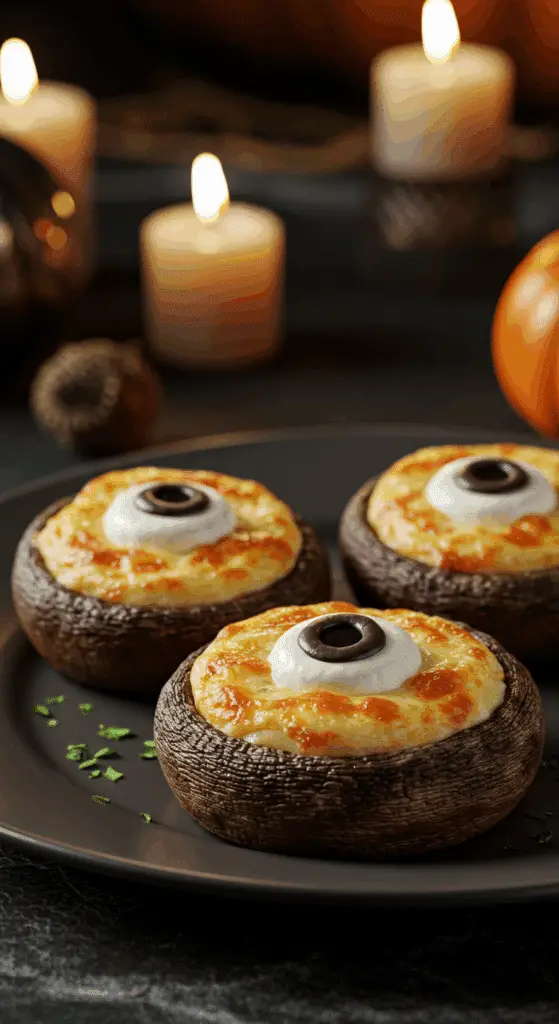 A beautiful, rustic platter of homemade, spooky "Eyeball" Stuffed Mushrooms, with a cheesy filling and a melted mozzarella and olive eyeball topping.
