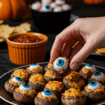 A large platter of homemade, spooky "Eyeball" Stuffed Mushrooms being served at a fun Halloween party.