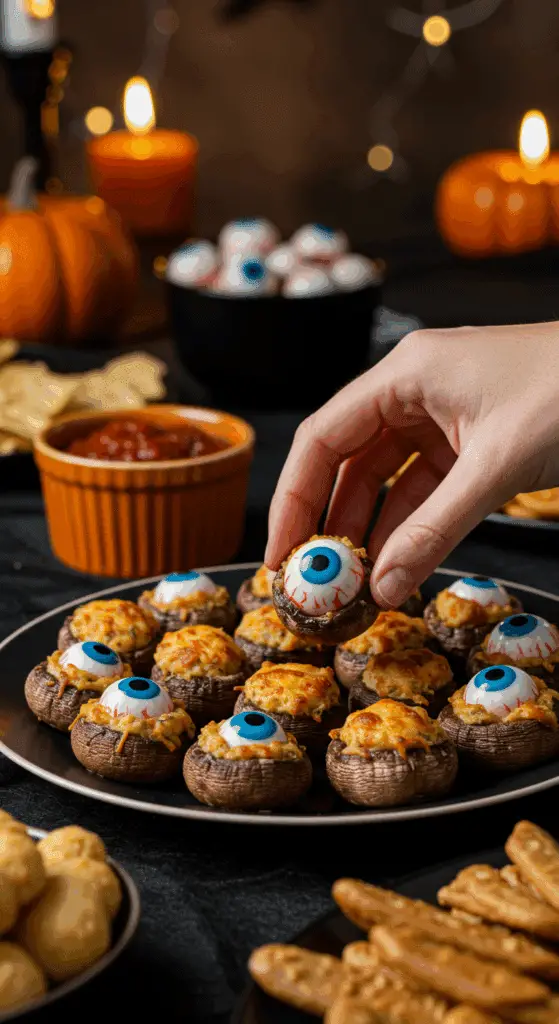 A large platter of homemade, spooky "Eyeball" Stuffed Mushrooms being served at a fun Halloween party.