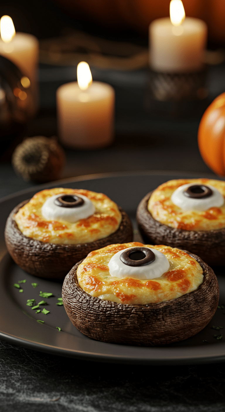 A beautiful, rustic platter of homemade, spooky "Eyeball" Stuffed Mushrooms, with a cheesy filling and a melted mozzarella and olive eyeball topping.