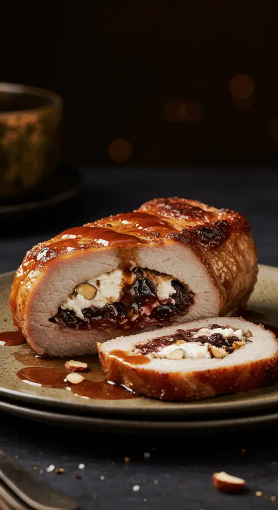A beautiful, golden-brown, homemade, juicy Stuffed Pork Chop, sliced to show the goat cheese and prune stuffing and drizzled with a pan sauce.