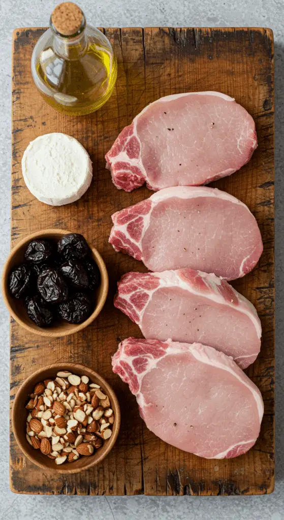 The fresh, from-scratch ingredients for the elegant Goat Cheese, Prune, and Almond Stuffed Pork Chops recipe.