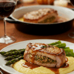 A beautiful plate of homemade, Stuffed Pork Chops and pan sauce, served over a bed of creamy polenta for a holiday dinner.