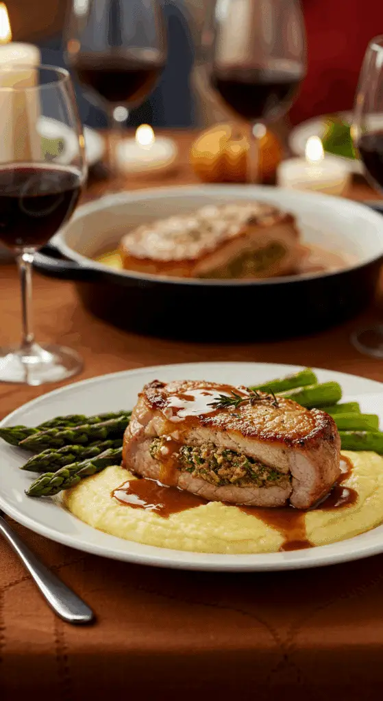 A beautiful plate of homemade, Stuffed Pork Chops and pan sauce, served over a bed of creamy polenta for a holiday dinner.