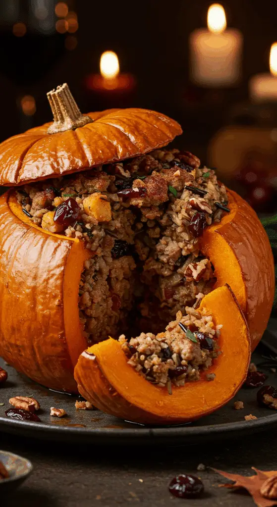 A beautiful, whole, roasted Stuffed Pumpkin with a savory sausage and wild rice stuffing, served as a stunning Thanksgiving centerpiece with one perfect wedge cut out.