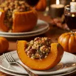An elegant plate of a thick wedge of homemade, Stuffed Pumpkin with a savory sausage and wild rice filling, being served for a Thanksgiving dinner.