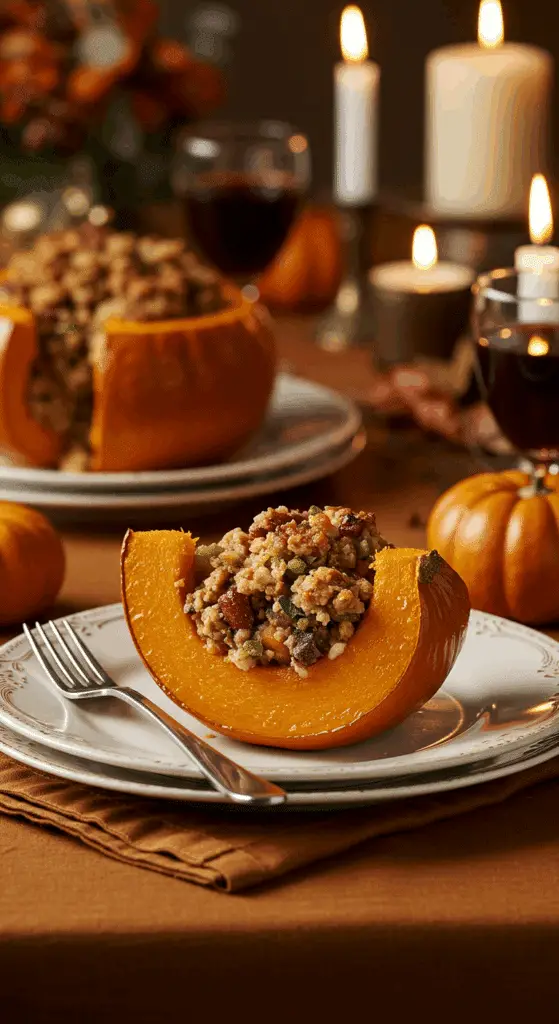 An elegant plate of a thick wedge of homemade, Stuffed Pumpkin with a savory sausage and wild rice filling, being served for a Thanksgiving dinner.
