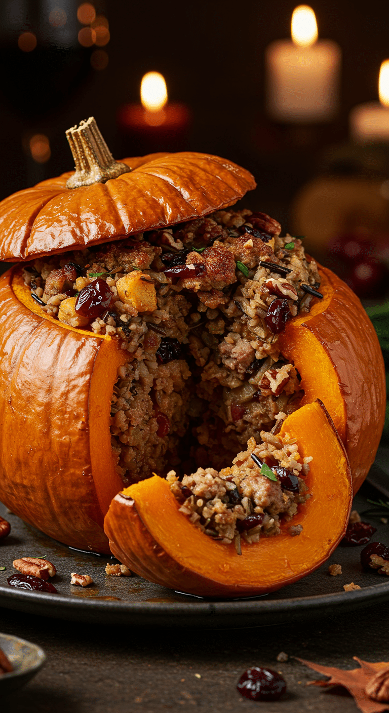 A beautiful, whole, roasted Stuffed Pumpkin with a savory sausage and wild rice stuffing, served as a stunning Thanksgiving centerpiece with one perfect wedge cut out.