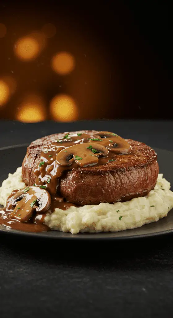 A beautiful plate of homemade, restaurant-style Steak Marsala, served over a bed of creamy cauliflower mash and smothered in a rich mushroom sauce.