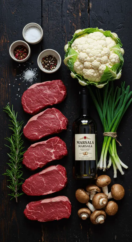 The fresh, from-scratch ingredients for the gourmet Steak Marsala and Cheesy Cauliflower Mash recipe.