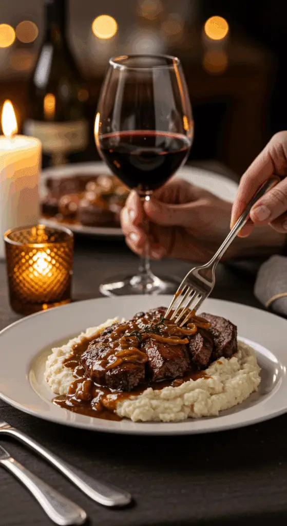 An elegant plate of homemade, restaurant-style Steak Marsala being served at a sophisticated dinner party.